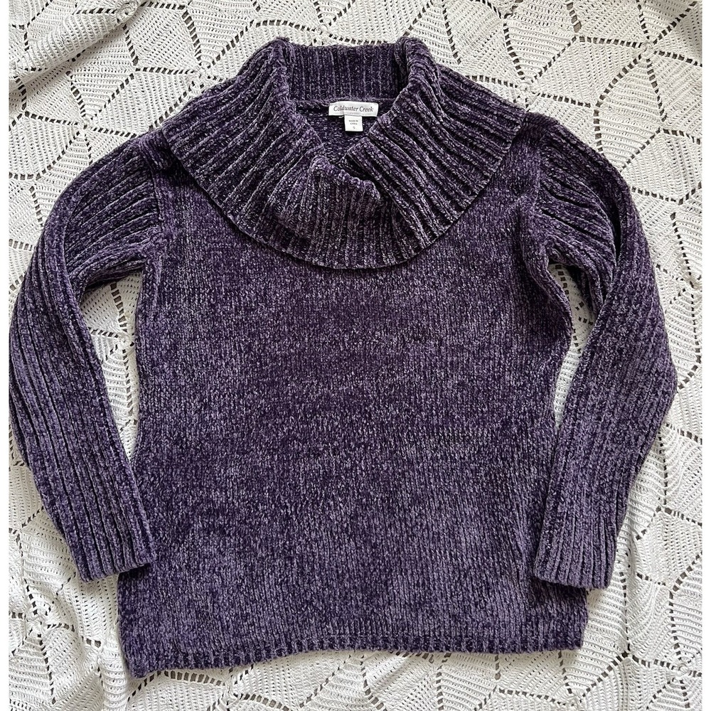 Purple Chenille Sweater Size S Cozy Ribbed Turtleneck Soft romantic cottage core